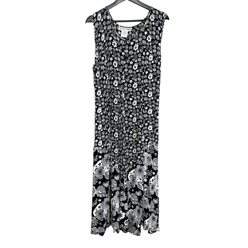 Vintage 90s Black White Floral Sleeveless Full Length Dress Medium
